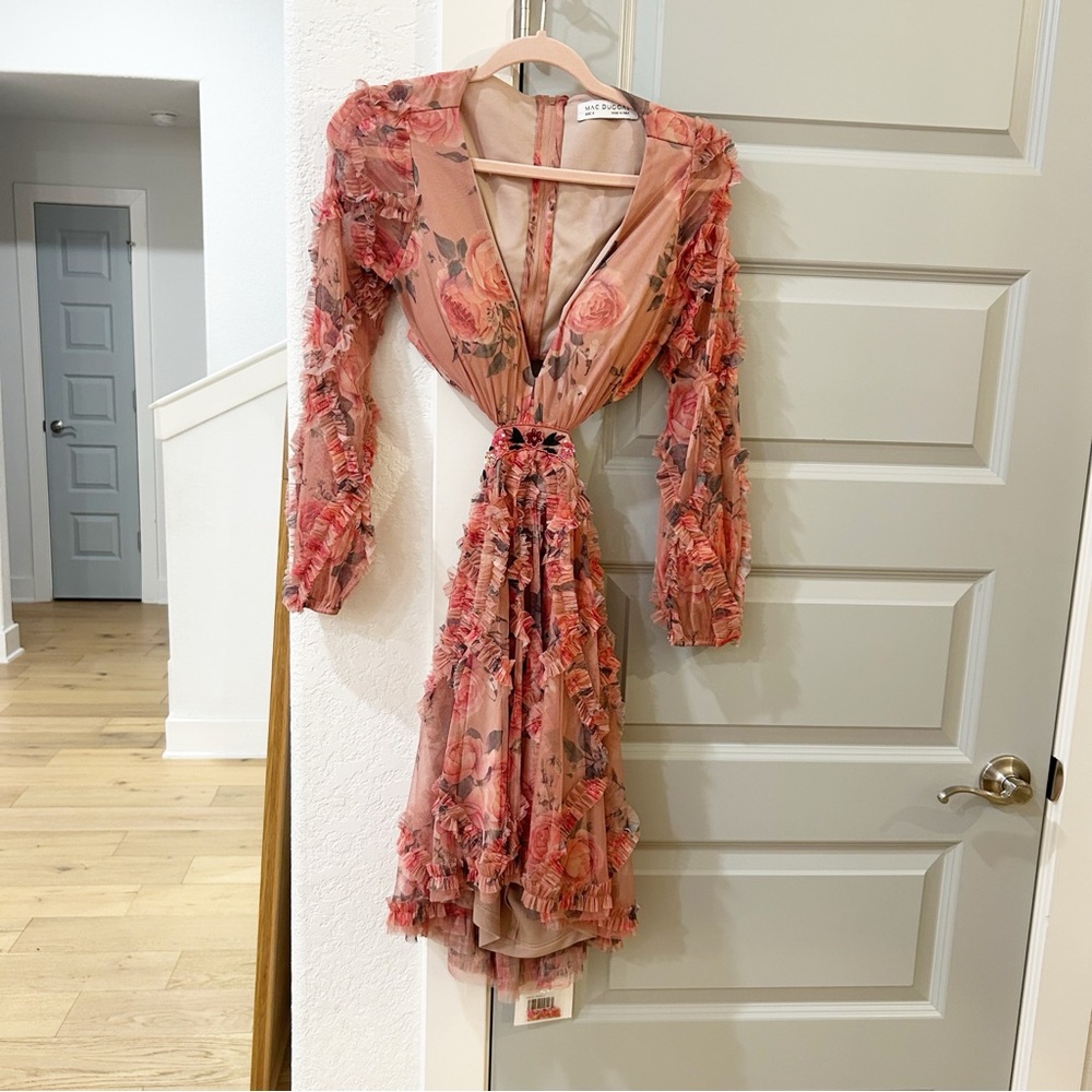 NWT A9151 Mac Duggal Rose Floral Ruffle Cutout Mini Dress Long Sleeve - Picture 5 of 10